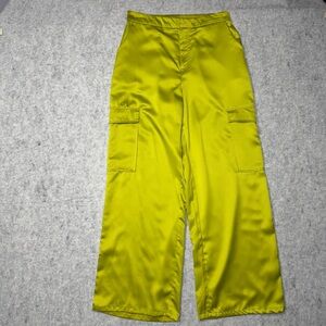 Haute Monde Chartreuse Satin Cargo Pants Wide Leg High Rise Green Size M Y2K